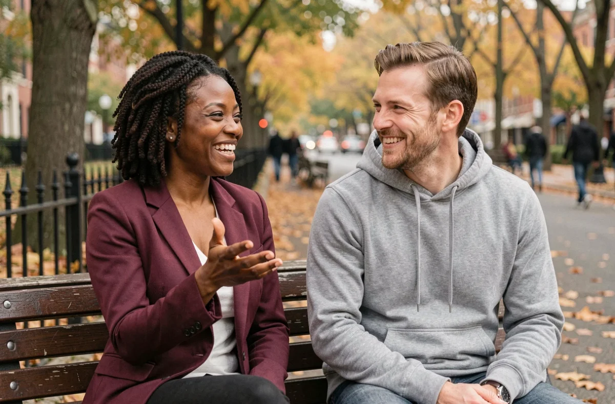 Femme noire et homme blanc en conversation animée et souriante sur un banc de parc en automne, symbolisant un dialogue interculturel respectueux
