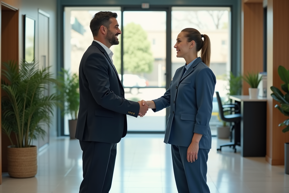 Manager d affaires serre la main à un superviseur de nettoyage