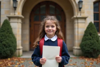 Jeune écolière en uniforme tenant un poème devant l'entrée d'une école française en pierres lors de la rentrée scolaire