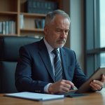 Taux directeur : Quel est l’élément clé pour l’économie ? Economiste homme en costume analysant un graphique de taux d'intérêt