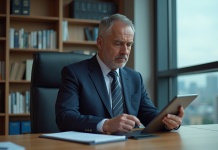 Taux directeur : Quel est l’élément clé pour l’économie ? Economiste homme en costume analysant un graphique de taux d'intérêt