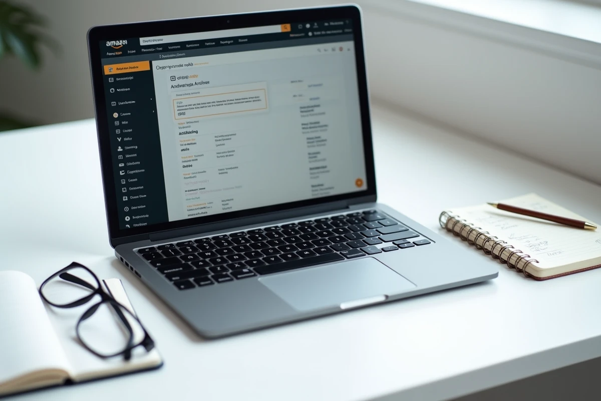 Gros plan d'un écran d'ordinateur affichant l'interface d'archivage de commandes Amazon avec des lunettes posées sur le bureau