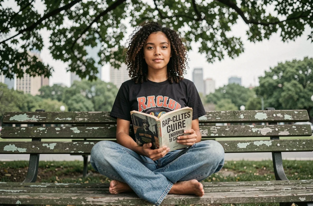 Jeune femme en tenue hip-hop lisant dans un parc urbain illustrant la compréhension culturelle de l'ego trip en rap