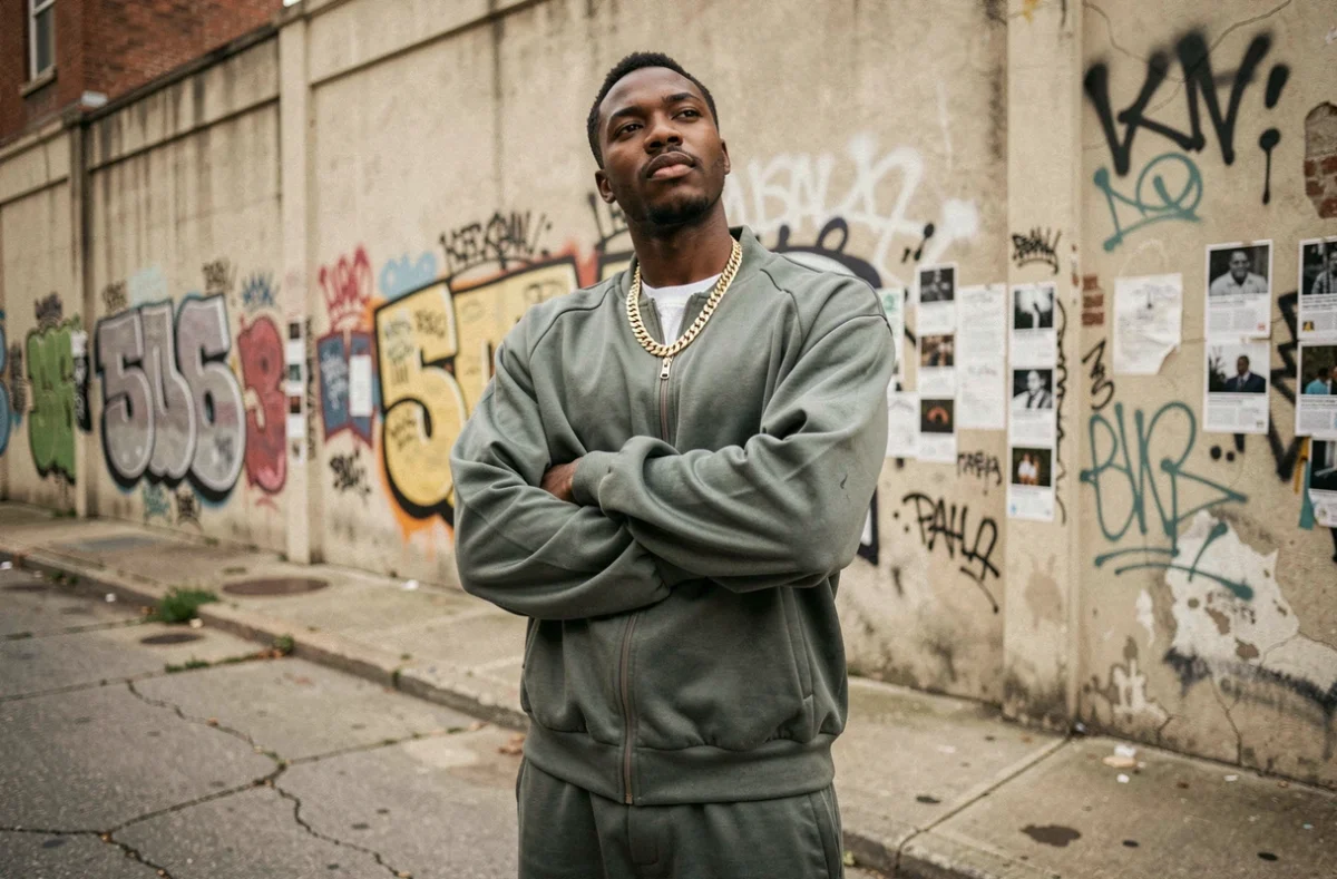 Rappeur jeune homme confiant en survêtement vintage devant un mur de graffiti urbain illustrant l'ego trip en rap