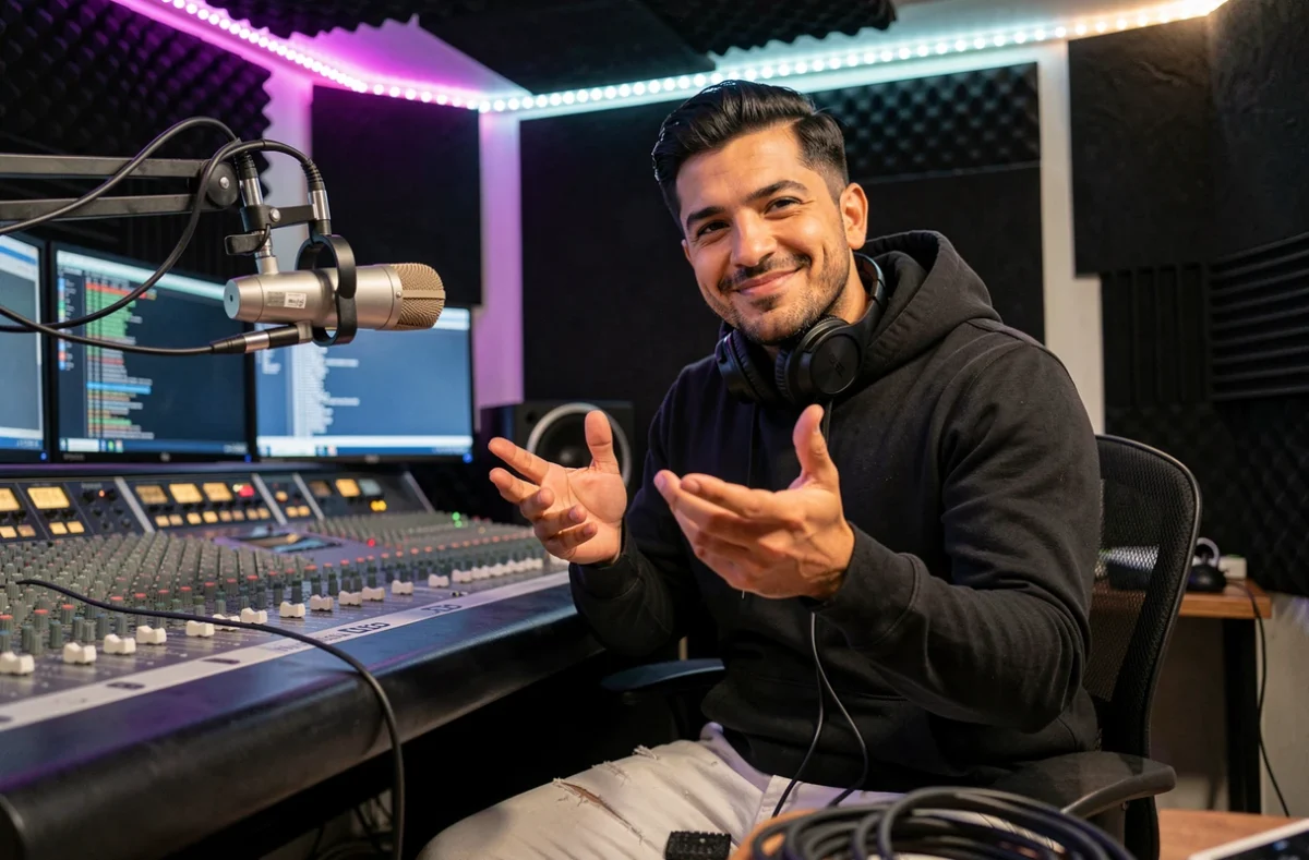 Rappeur en studio d'enregistrement avec attitude assurée illustrant le concept d'ego trip dans la culture hip-hop