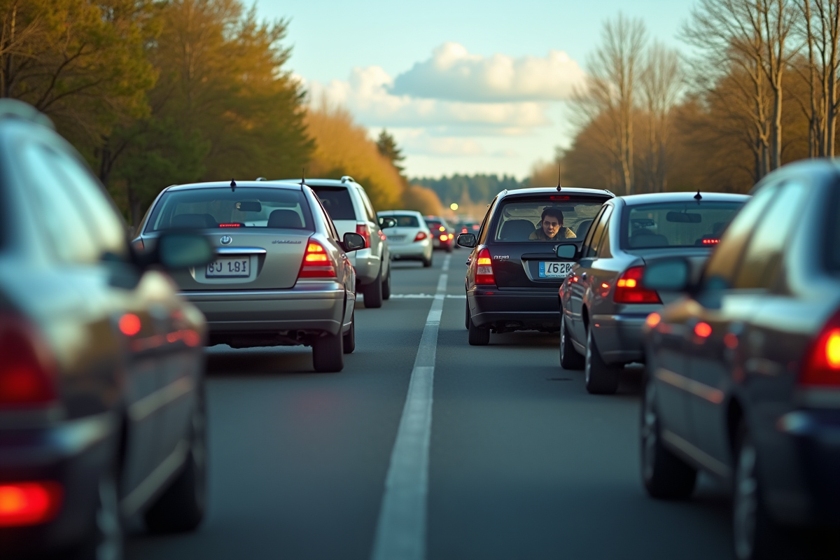 Embouteillage avec voiture en panne et conducteur frustré