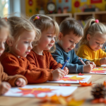 Activités automnales en maternelle pour éveiller la créativité Groupe d'enfants en automne créant des collages de feuilles
