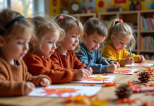 Activités automnales en maternelle pour éveiller la créativité Groupe d'enfants en automne créant des collages de feuilles