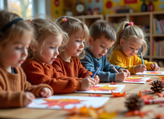 Activités automnales en maternelle pour éveiller la créativité Groupe d'enfants en automne créant des collages de feuilles