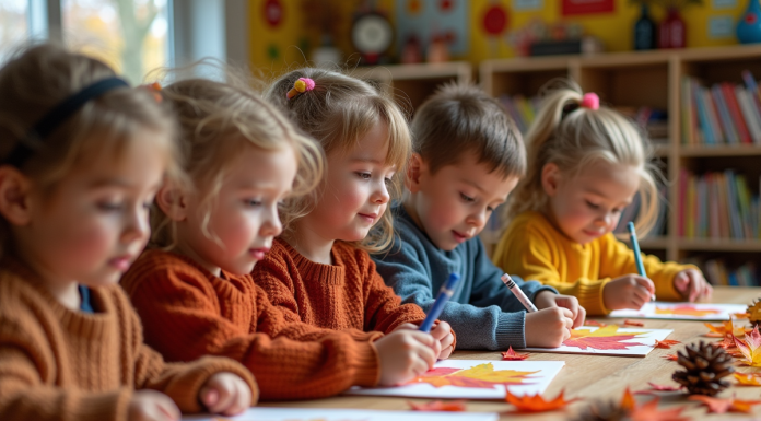 Activités automnales en maternelle pour éveiller la créativité Groupe d'enfants en automne créant des collages de feuilles