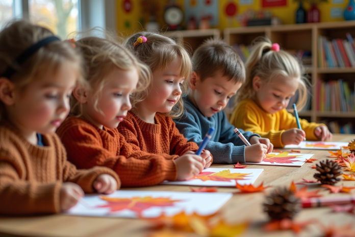 enfants-activite-automne Groupe d'enfants en automne créant des collages de feuilles