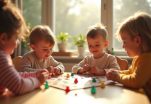 Jeunes enfants jouant avec des jeux de société colorés