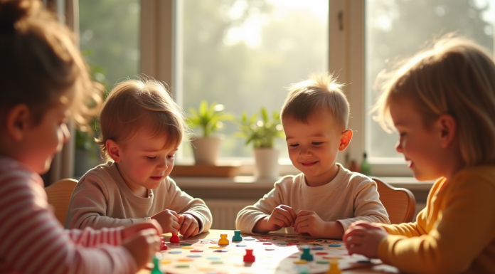 Jeunes enfants jouant avec des jeux de société colorés