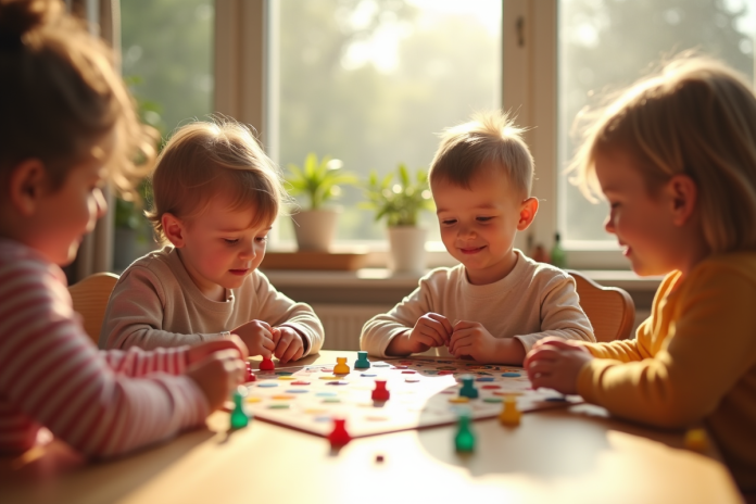 enfants-jeux-de-societe Jeunes enfants jouant avec des jeux de société colorés