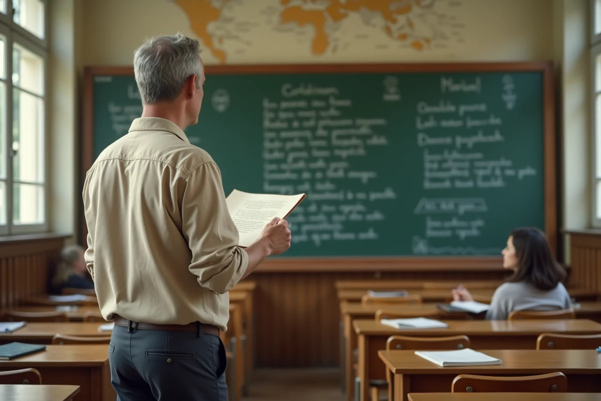 Enseignant récitant un poème de rentrée devant sa classe dans une salle de cours traditionnelle française
