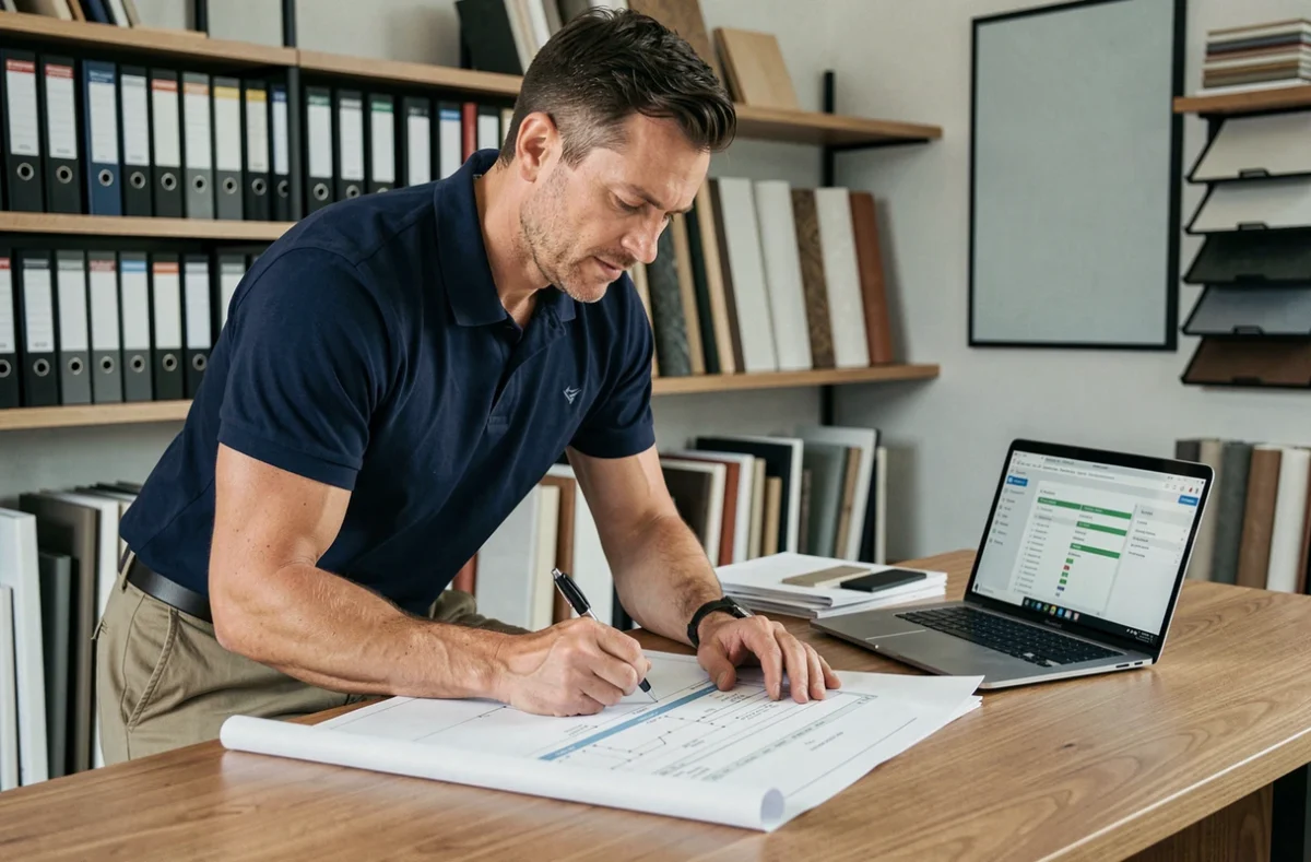 Entrepreneur piscine examinant un devis détaillé et des plans de construction dans un bureau professionnel