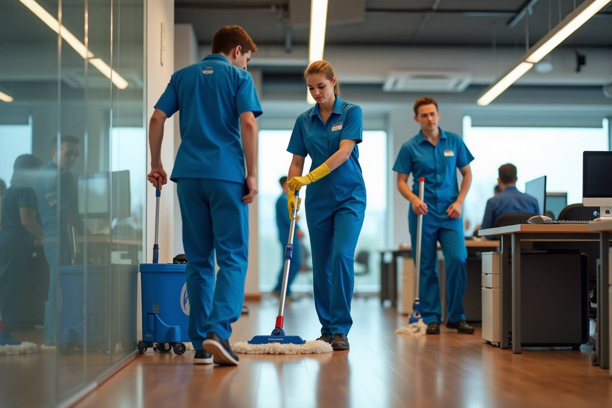 Équipe de nettoyage professionnel dans un bureau moderne