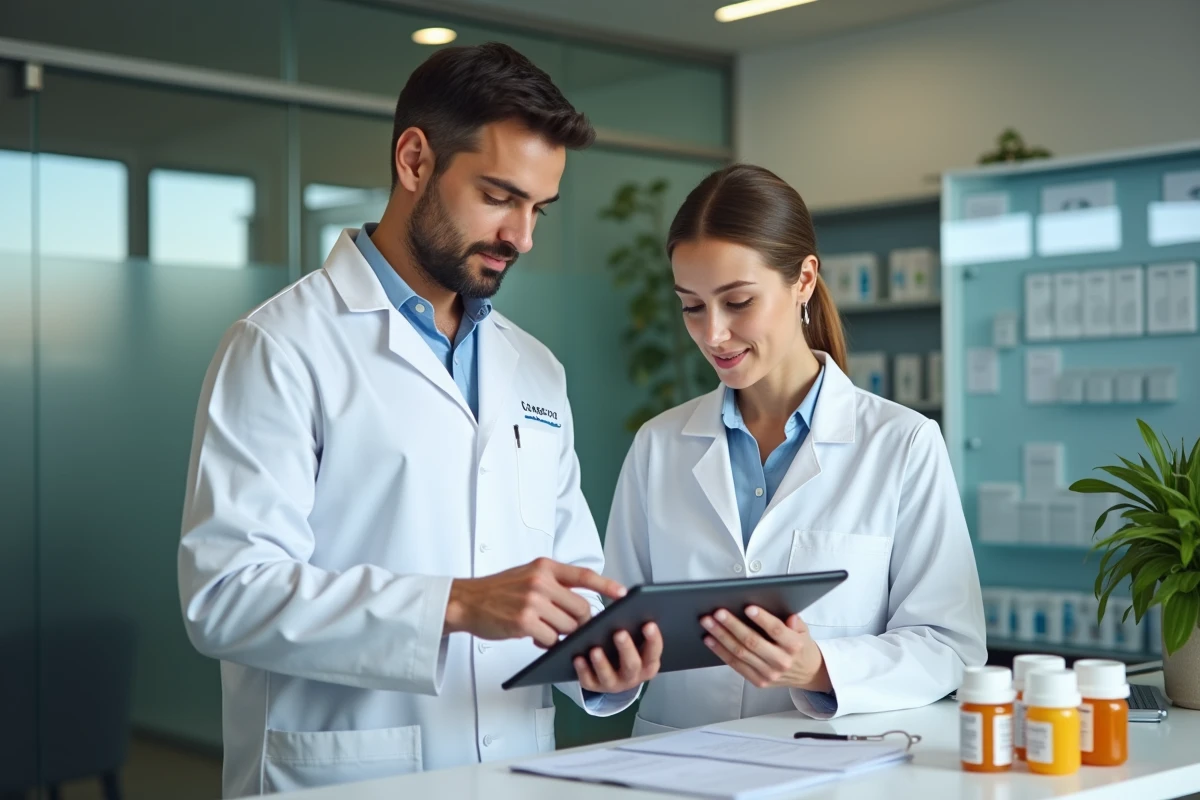Deux pharmaciens ARC Raiders collaborant autour d'une tablette et de prescriptions dans un espace de consultation moderne