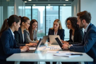 Groupe de professionnels en réunion dans un bureau moderne