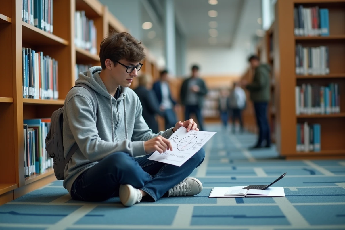 Étudiant utilisant une calculatrice scientifique pour calculer la surface d'un cercle avec une feuille de formules mathématiques dans une bibliothèque moderne