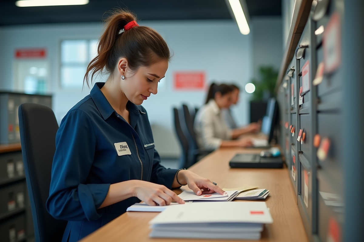 Facteur français triant des lettres dans un bureau moderne