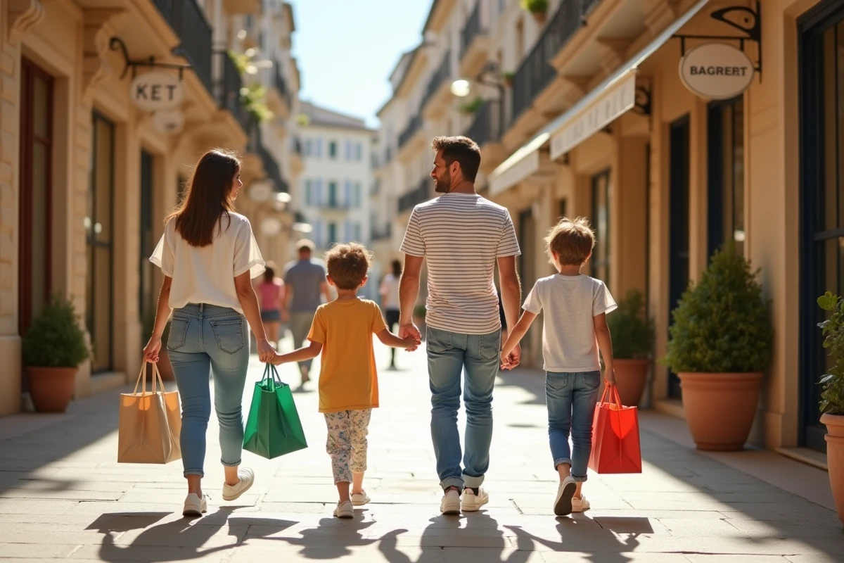 Famille se promenant dans une rue commerçante de Montpellier un dimanche, faisant leurs courses dans les magasins ouverts