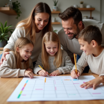 Famille de cinq autour d'un calendrier mural coloré