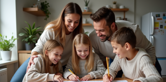 Famille de cinq autour d'un calendrier mural coloré