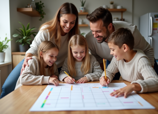 Calendrier familial : meilleure façon de le partager et de l’organiser efficacement Famille de cinq autour d'un calendrier mural coloré
