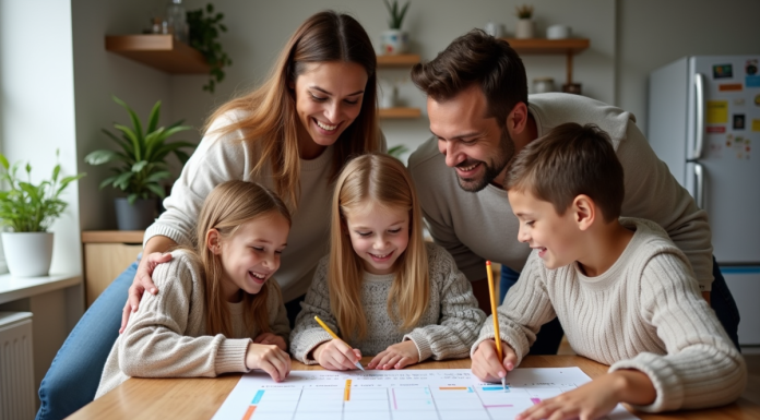 Famille de cinq autour d'un calendrier mural coloré