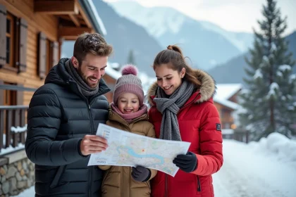 Famille souriante devant un chalet en montagne enneigee