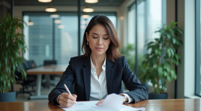 Femme d affaires en réunion dans un bureau moderne