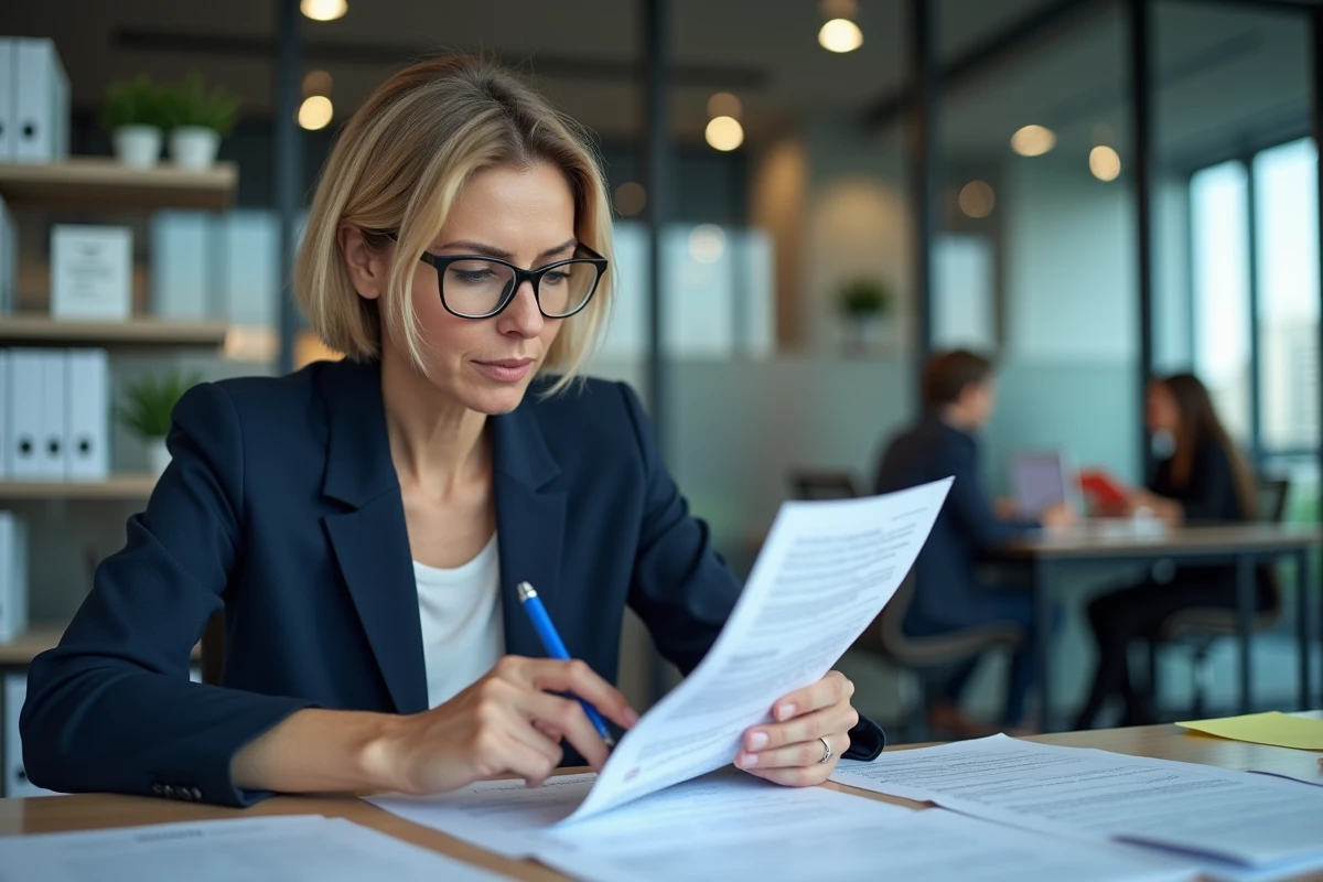 Femme professionnelle analysant des documents de certification dans un bureau moderne, illustrant le choix d'un organisme certificateur