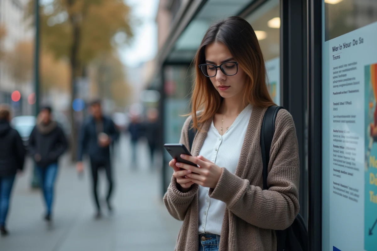 Jeune femme attendant au bus en utilisant son téléphone