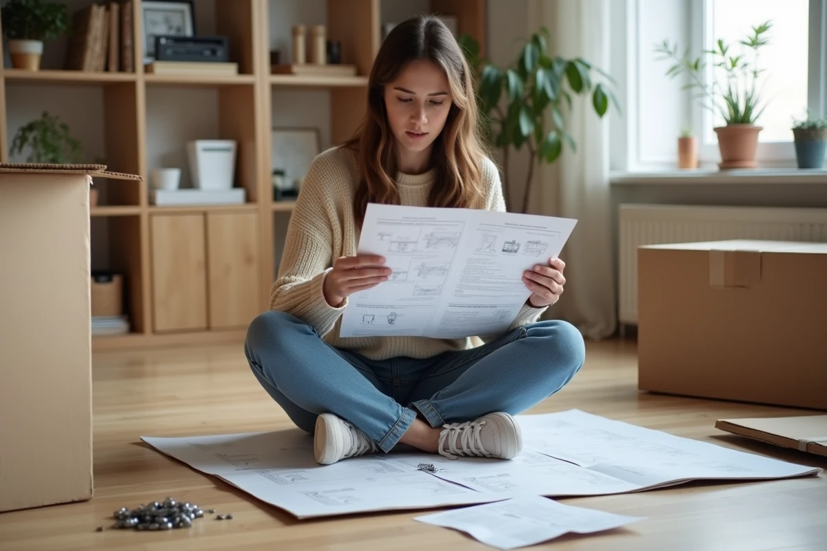 Jeune femme examine instructions de montage de meuble