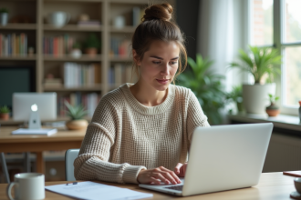 Femme en bureau à domicile concentrée sur son ordinateur