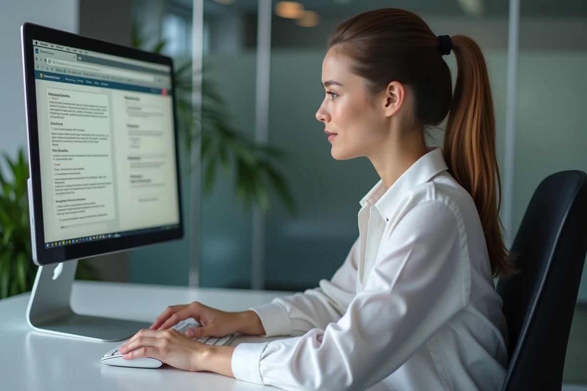 Jeune femme comparant deux onglets sur son ordinateur au bureau