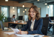 Femme d affaires souriante dans un bureau moderne en France