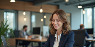 Femme d affaires souriante dans un bureau moderne en France