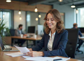 Qui gagne 3000 euros net par mois : métiers et salaires en France Femme d affaires souriante dans un bureau moderne en France