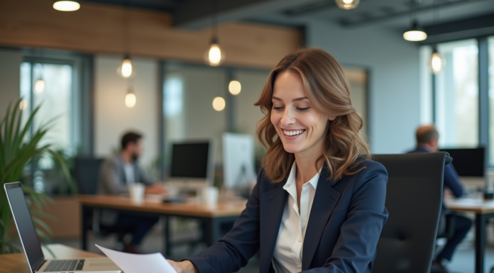 Femme d affaires souriante dans un bureau moderne en France