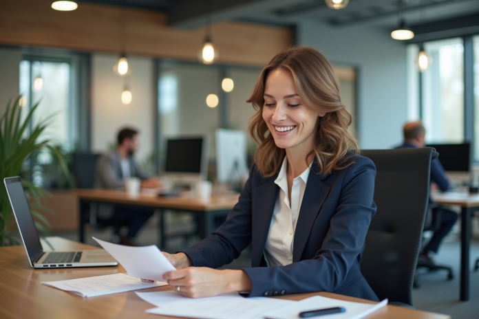 femme-bureau-professionnelle Femme d affaires souriante dans un bureau moderne en France