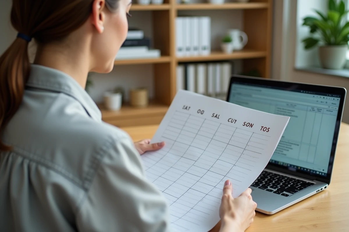 Femme consultant un calendrier des semaines impaires imprimé posé sur un bureau en bois à côté d'un ordinateur portable affichant un tableau Excel