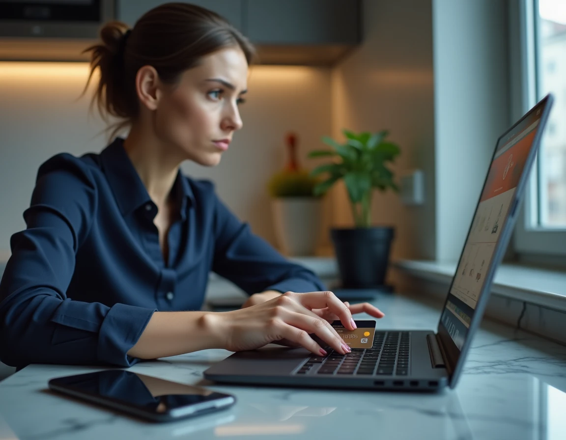 Femme tenant une carte bancaire devant un site de jeu en ligne douteux, risque de phishing et de fraude financière