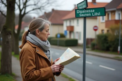 Femme d'âge moyen examine un panneau de rue en automne