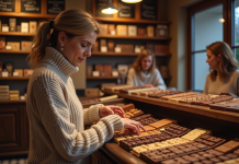 Les dix meilleures marques de chocolat à découvrir en France absolument Femme dégustant des chocolats artisanaux en boutique