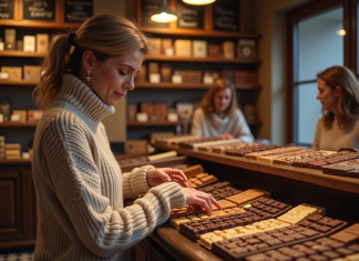 Les dix meilleures marques de chocolat à découvrir en France absolument Femme dégustant des chocolats artisanaux en boutique