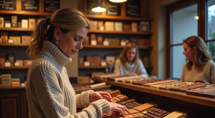 Les dix meilleures marques de chocolat à découvrir en France absolument Femme dégustant des chocolats artisanaux en boutique