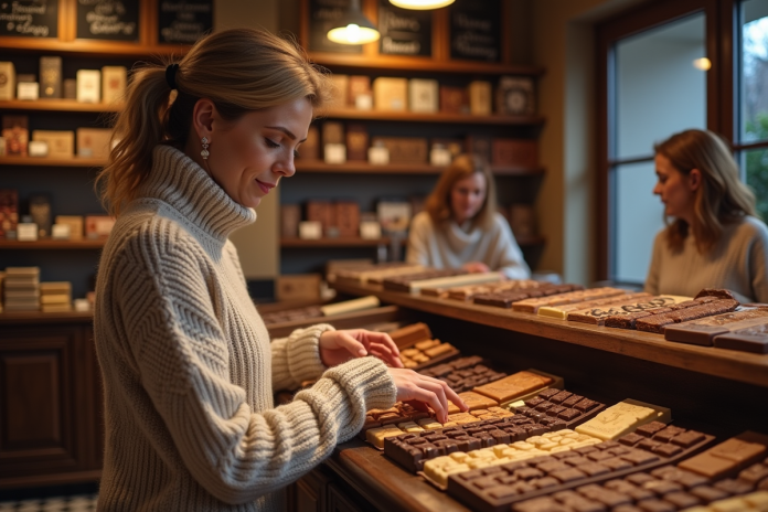 femme-chocolats-artisanaux-boutique Femme dégustant des chocolats artisanaux en boutique