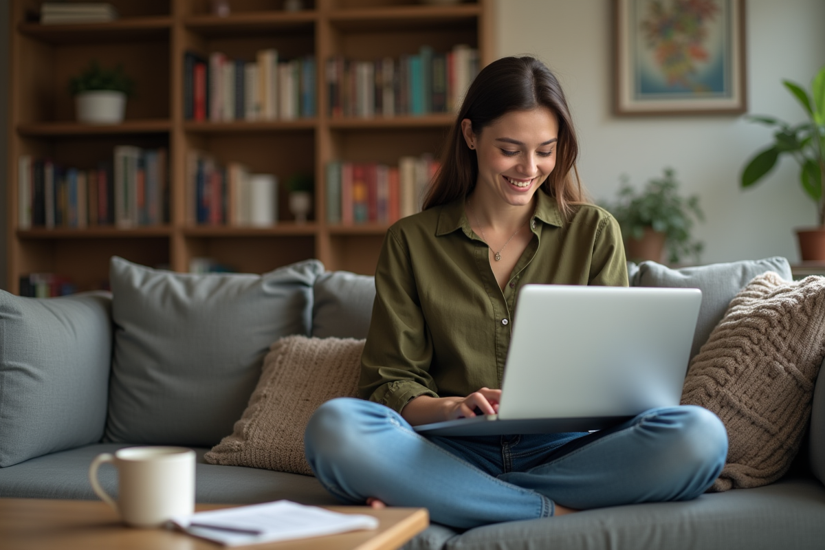 Femme assise sur un canapé dans un salon cosy avec ordinateur portable